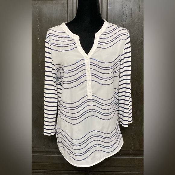 Chico’s sequence white/blue stripes Tunic -  Size 1 - Picture 1 of 12